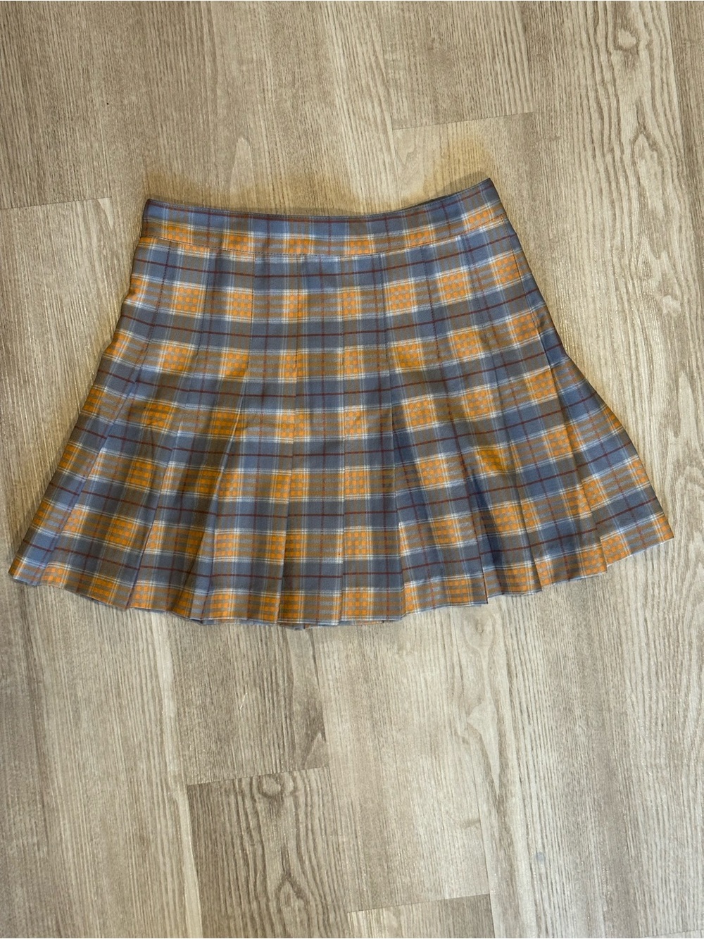 Love Tree Grey and Orange Plaid Pleated Skirt